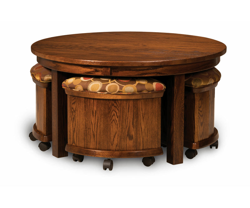 Amish 5 Piece Round Table Bench Set with Storage Benches