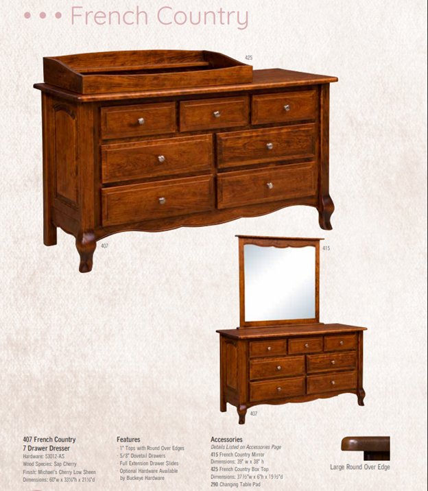 Amish French Country 7 Drawer Dresser With Changing Box Top Option